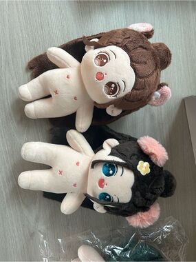 Cute Pair of Plush Dolls - Brown & Black with Pink Accents